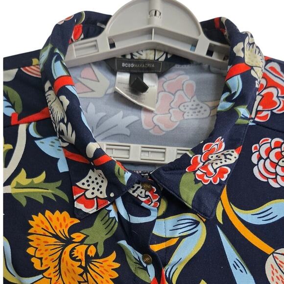 BCBGMAXAZRIA Blouse M Navy Blue Multicolor Floral Print Short Sleeve Top - Picture 3 of 9